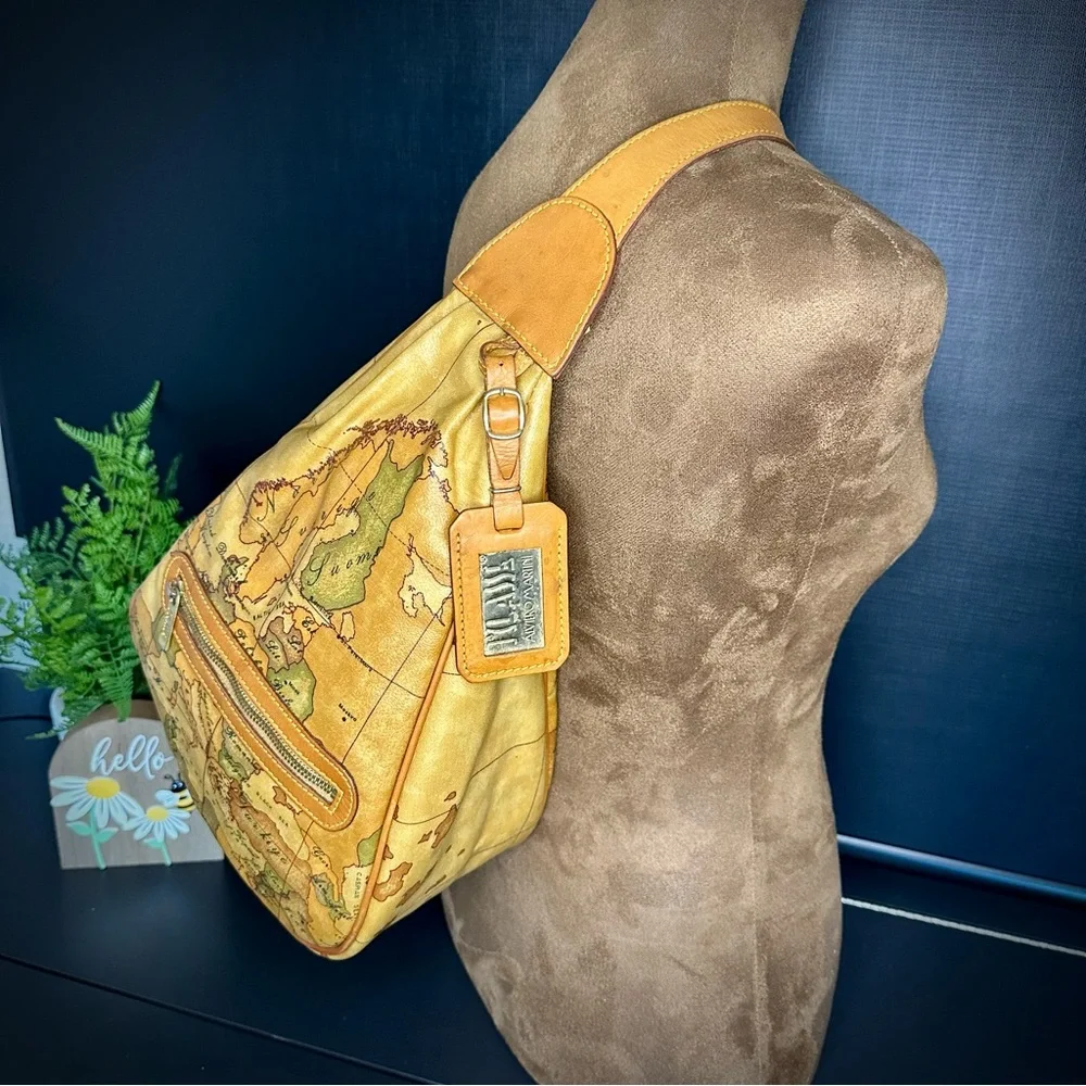 Vintage Alviero Martini 1A Classe Geo Map Coated Canvas Leather Sling Backpack